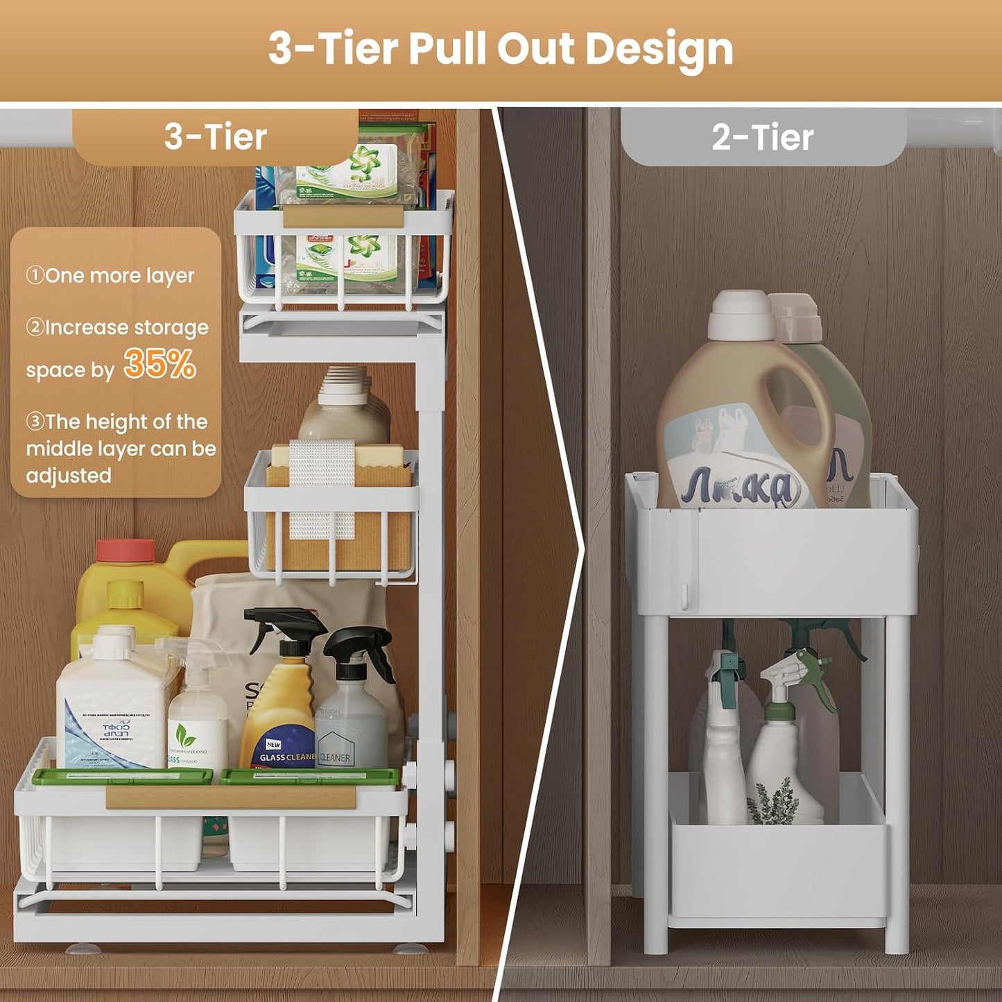 Under Sink Organizer and Storage for Bathroom and Kitchen - 2 Pack 3 Tier Under Cabinet Pull Out Shelf Organizers - Slide Out Drawer Organization for Home Cabinets Shelves and Drawers