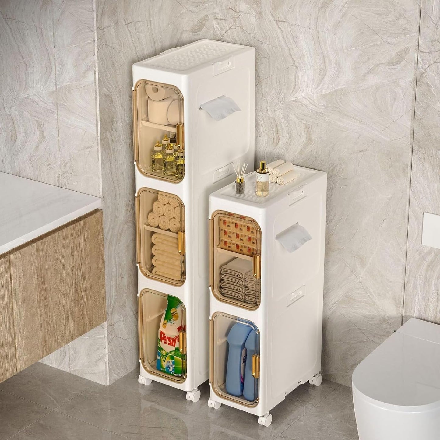 YWHWXB Narrow Gap Organizer Shelf with Wheels, Slim Rolling Storage Cart for Tight Spaces, Skinny Cabinet for Kitchen, Bathroom, Bedroom, Refrigerator Side, Laundry Room (2-Tier)