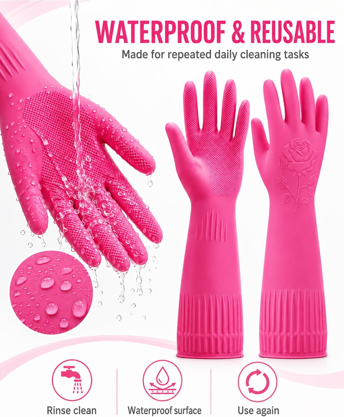 Disfore Rubber-Gloves Dishwashing Gloves for Cleaning-Kitchen - 2 Pairs Long Household Cleaning Gloves for Washing Dishes