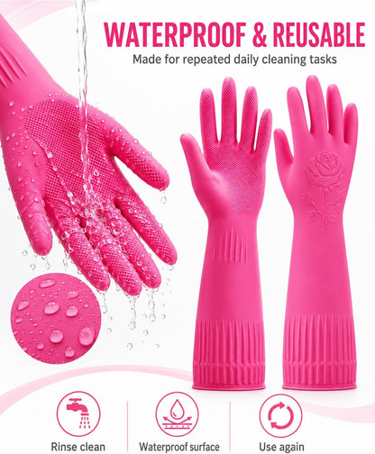 Disfore Rubber-Gloves Dishwashing Gloves for Cleaning-Kitchen - 2 Pairs Long Household Cleaning Gloves for Washing Dishes