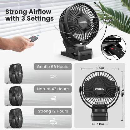 Portable Clip on Fan 65 Working Hours, Camping Fans with LED Lights & Hook, 12000 Capacity Battery Operated Fan with Clamp, USB Rechargeable for Desk, Tent, Treadmill, Stroller, Golf Cart, Home