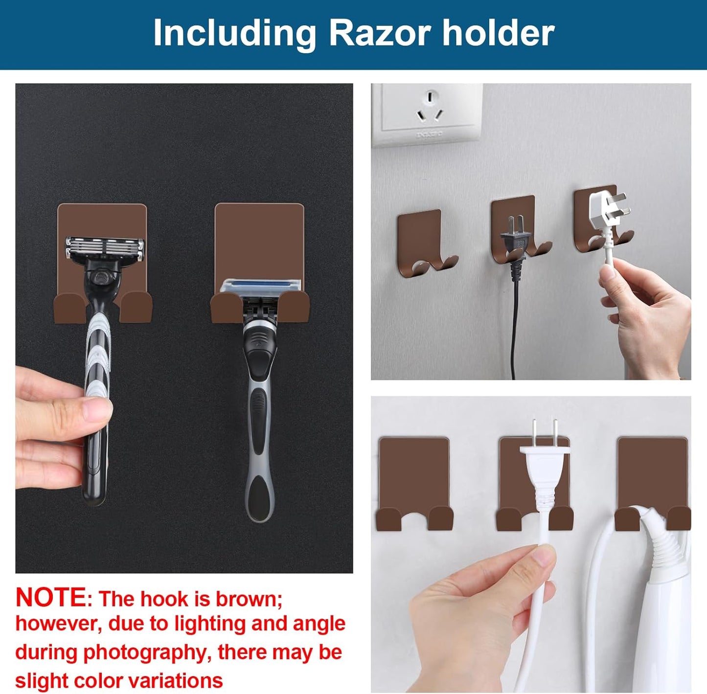 Diesisa Razor Holder for Shower + Adhesive Wall Hooks, Premium 304 Stainless Steel Shower Razor Holder with Heavy Duty Waterproof Sticky Hooks for Hanging Towels, Coat, hat (2+2 Pack)