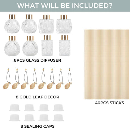 4-Piece Reed Diffuser Set with Metal Golden Decoration, 3.5-4.2oz Empty Bottles and 20 Reed Sticks, Unique Design for Home and Office (4 Different Bottles)