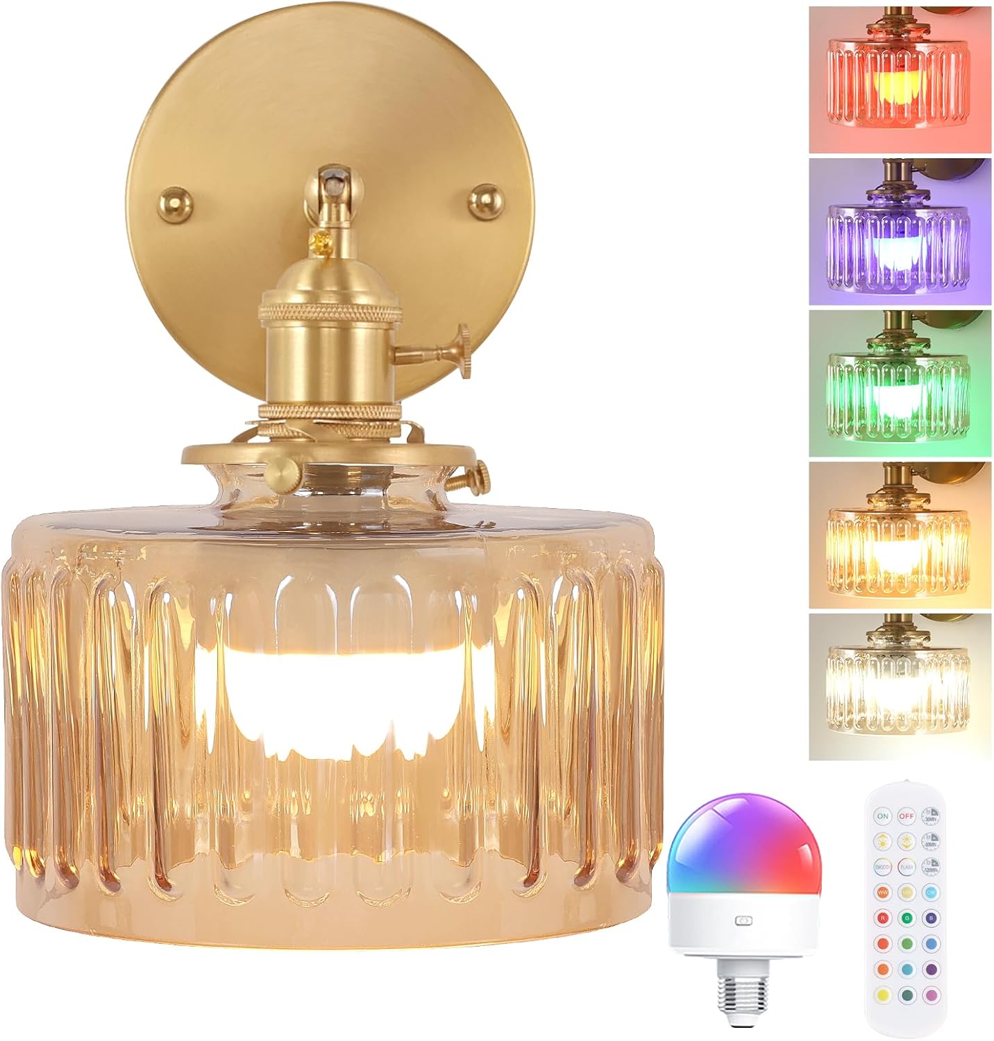 Shenmoyl Vintage Battery Operated Wall Sconce with Clear Striped Glass Lampshade 5000 mAh Rechargeable Battery Powered Wall Light with Remote Control for Bedside Bedroom Doorway, Set of 2