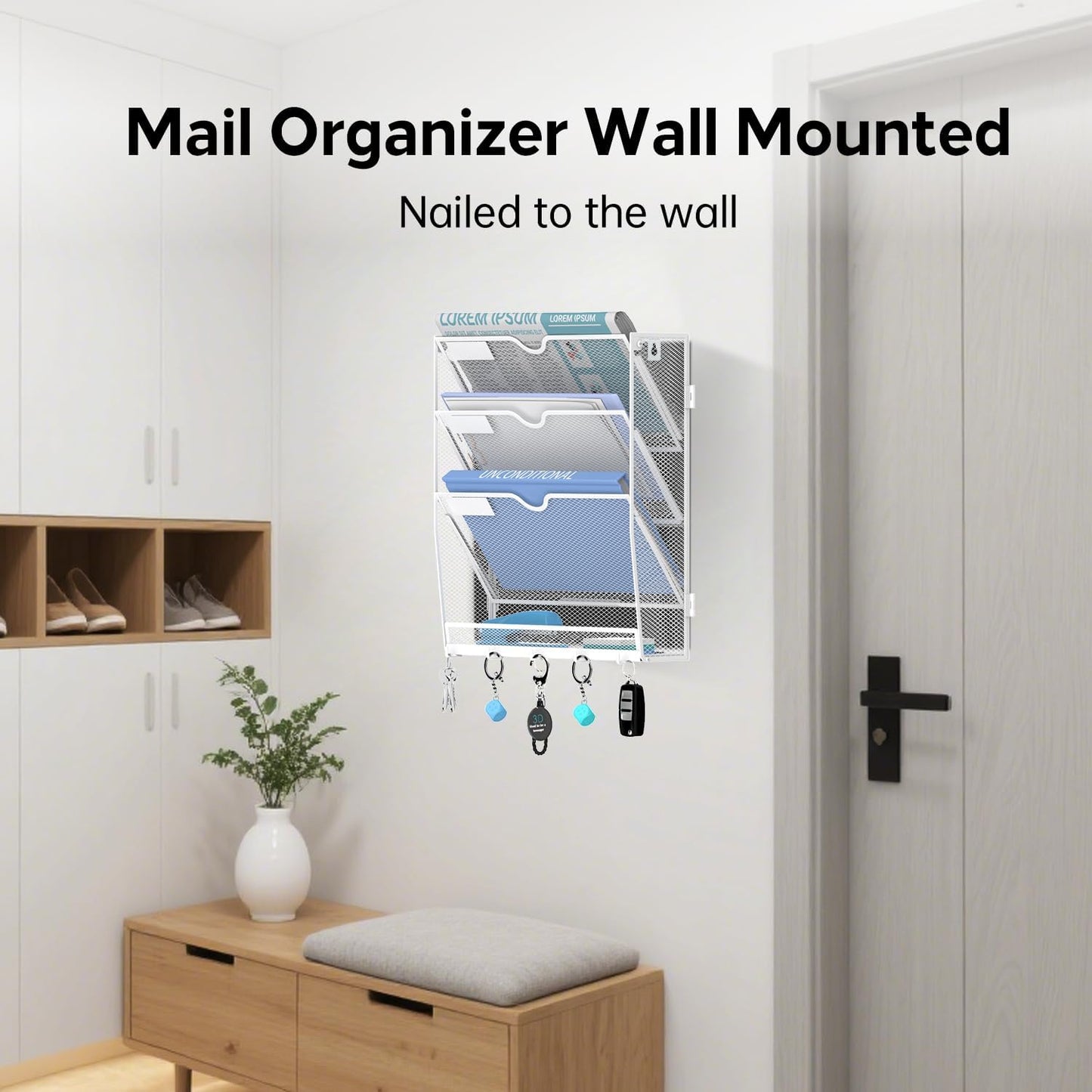 5 Tier Wall File Organizer - Hanging File Organizer with 5 Hooks, Mail Holder Wall Mounted for Papers, Folders, Magazines, Bills, Office&School Organization, Black