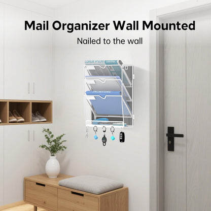 5 Tier Wall File Organizer - Hanging File Organizer with 5 Hooks, Mail Holder Wall Mounted for Papers, Folders, Magazines, Bills, Office&School Organization, Black