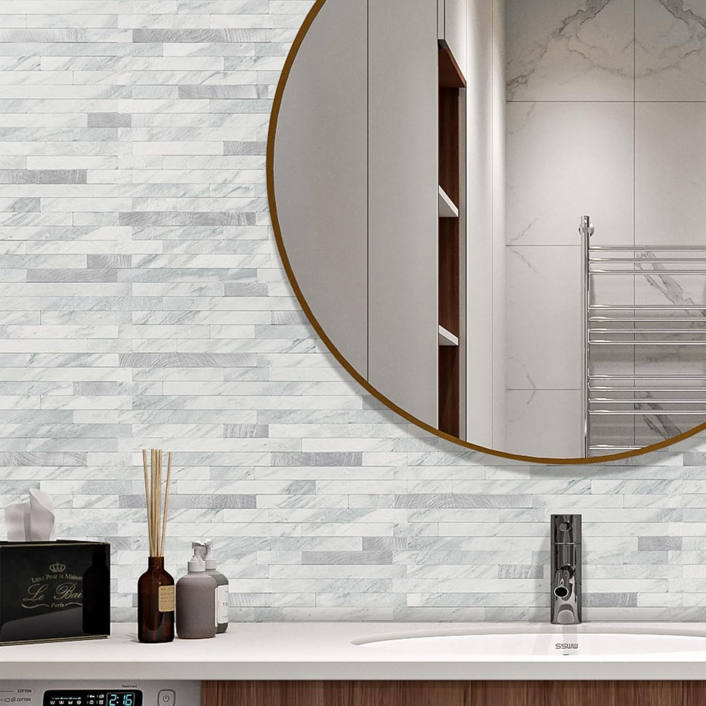 STICKGOO 20 Sheets Peel and Stick Backsplash Tile, Stick on Backsplash for Kitchen and Bathroom, White Sandstone Look PVC Mixed Metal Gold Self Adhesive Wall Tiles