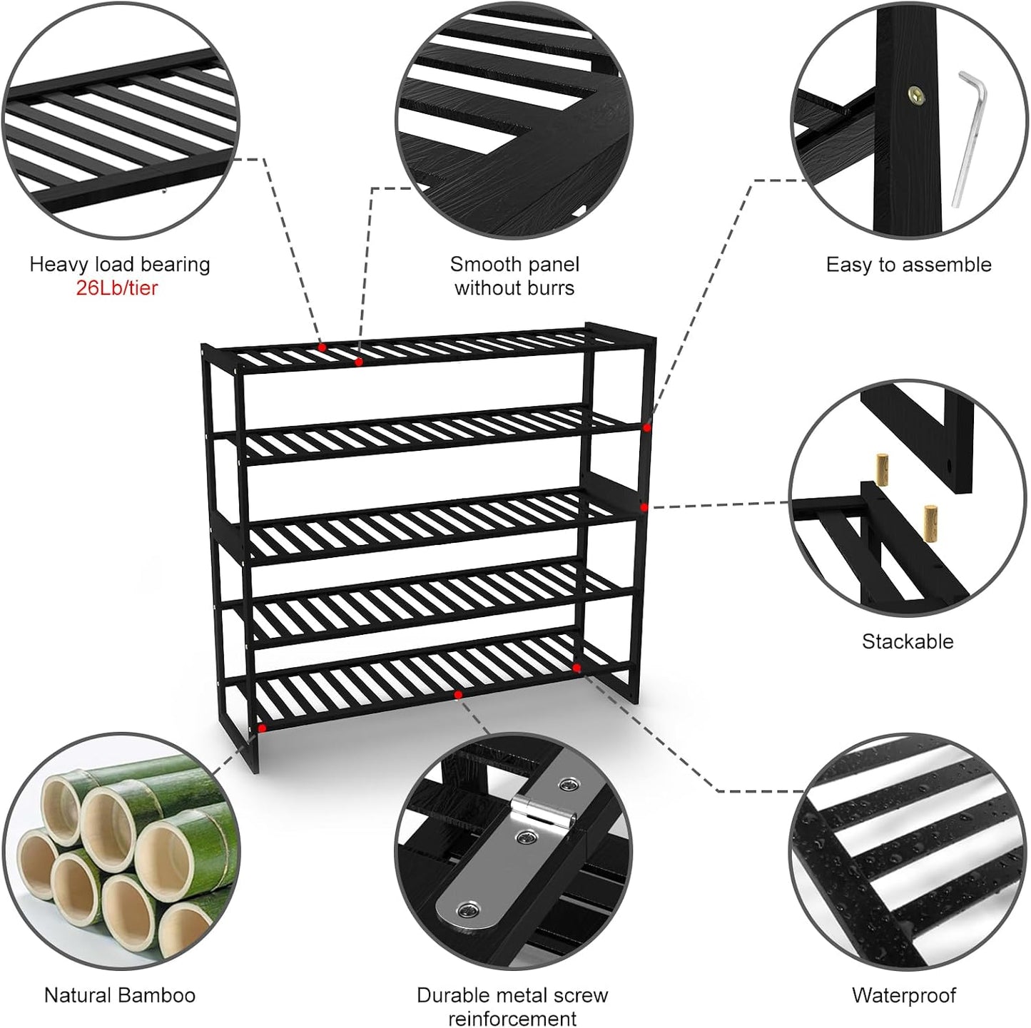 Jripae 5 Tier 32.5*10.5*30.3in Bamboo Shoe Rack for Closet Entryway Bedroom | Stackable Shoe Shelf Holder for Men/Women Hallway/Garage, Bookshelf, Flower Rack, Home Space Saving