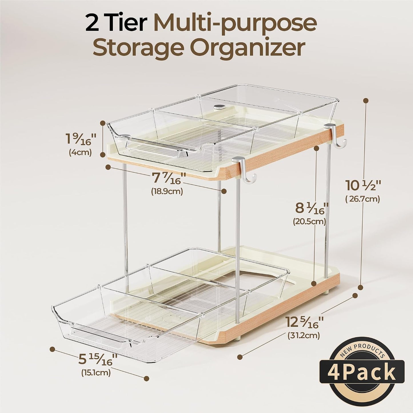 Delamu 2 Tier Under Sink Organizer Bathroom, Bathroom Cabinet Organizer with Snap-Lock Design and Hooks, Pull Out Storage with Movable Dividers, for Countertop, Kitchen and Pantry (Clear, 2 Pack)