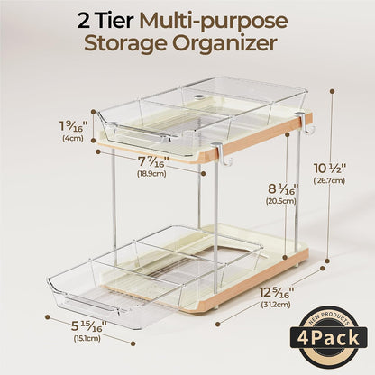 Delamu 2 Tier Under Sink Organizer Bathroom, Bathroom Cabinet Organizer with Snap-Lock Design and Hooks, Pull Out Storage with Movable Dividers, for Countertop, Kitchen and Pantry (Clear, 2 Pack)