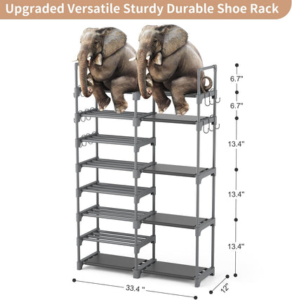 ROJASOP Shoe Rack Organizer, 8-Tier Metal Shoe Rack for Closet Entryway Garage, 26-32 Pairs Tall Shoe Boot Storage Shelf with 15 Hooks, Stackable Large Shoe Stand