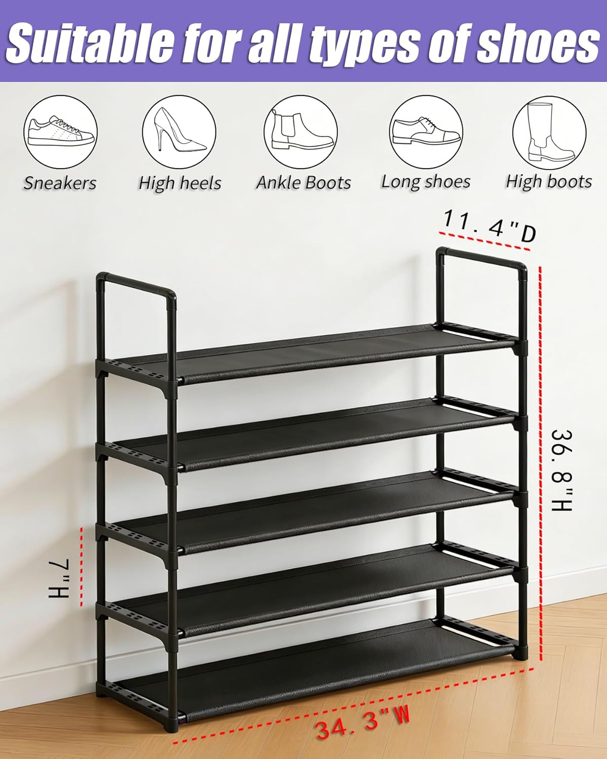 Upgrade Stackable Small Shoe Rack, 4-Tier Shoe Shelf Storage Organizer with Handle for Entryway, Hallway and Closet (Black)