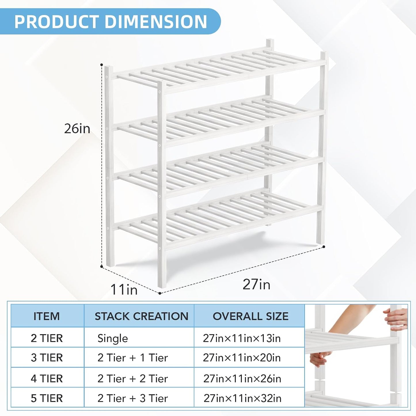 4 Tier Bamboo Shoe Rack Storage Organizer for Closet, Multifunctional Stackable Free Standing Shoe Shelf Organizer for Small Space,Entryway, Hallway, Bathroom27 x11 x26(White, 4 Tier)