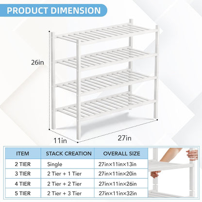 4 Tier Bamboo Shoe Rack Storage Organizer for Closet, Multifunctional Stackable Free Standing Shoe Shelf Organizer for Small Space,Entryway, Hallway, Bathroom27 x11 x26(White, 4 Tier)