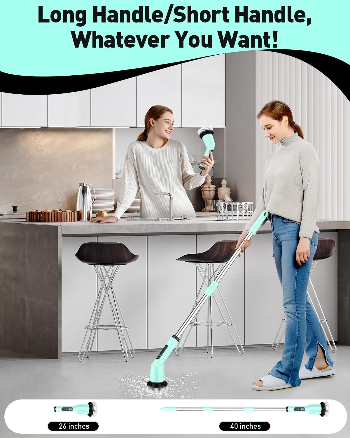 Shower Scrubber with Long Handle, Shower Cleaner Brush with 8 Floor Machine Pads, Cordless Electric Spin Scrubber for Cleaning with 2 Speed, Cleaning Supplies for Bathroom Bathtub Kitchen Floor Tile