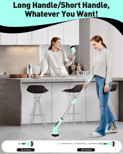 Shower Scrubber with Long Handle, Shower Cleaner Brush with 8 Floor Machine Pads, Cordless Electric Spin Scrubber for Cleaning with 2 Speed, Cleaning Supplies for Bathroom Bathtub Kitchen Floor Tile