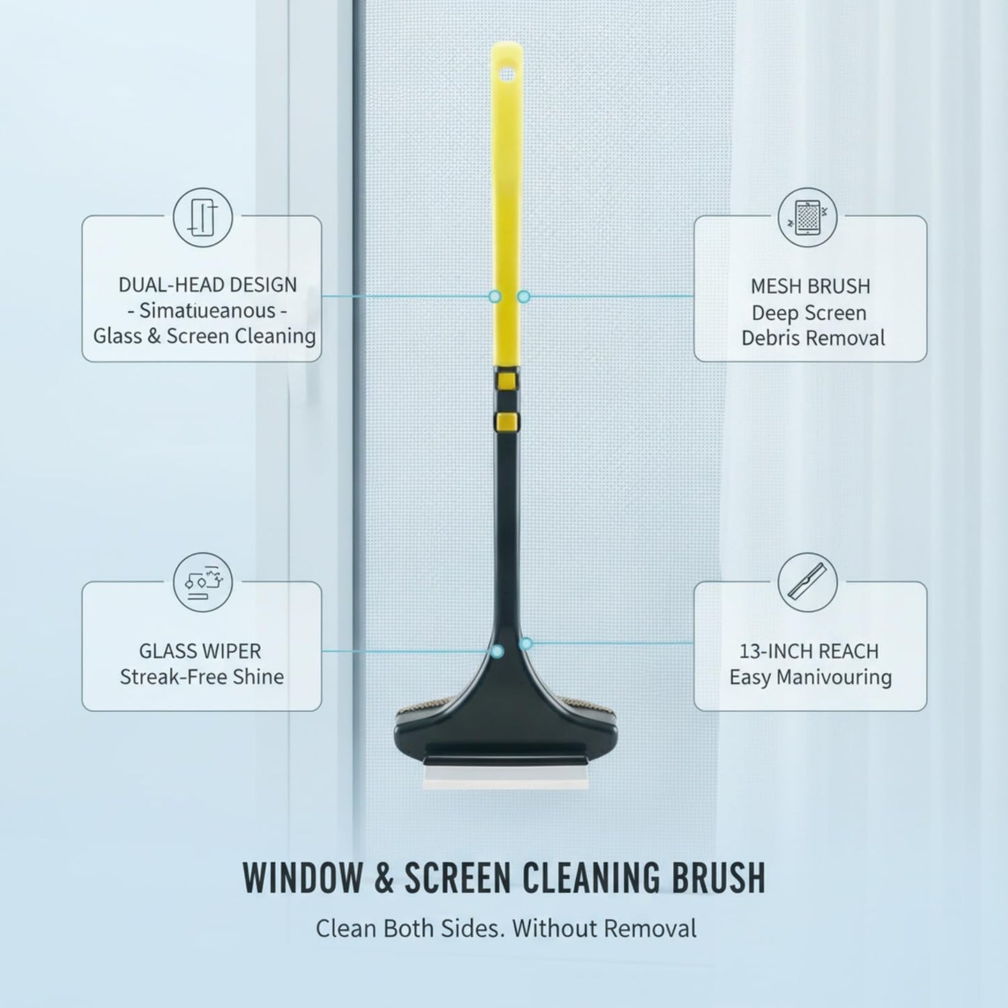 Double-Sided Window & Screen Cleaning Brush, 13-Inch PP Tool for Glass and Mesh, Integrated Wiper for Streak-Free Results (1 Pack)