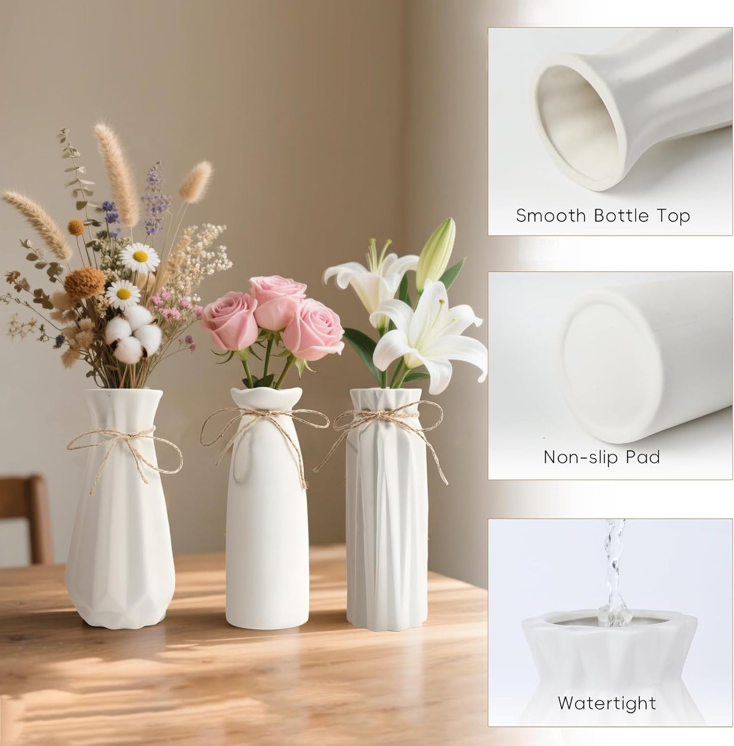 White Ceramic Vase,Modern Ceramic Vases Set of 3,White Tall Flower Vases for centerpieces,Rustic Farmhouse Boho Vase for Table Living Room Bathroom Kitchen Shelf Bedroom Office Party
