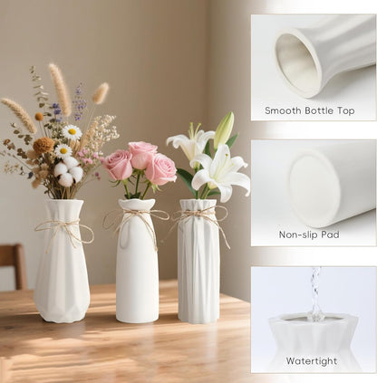 White Ceramic Vase,Modern Ceramic Vases Set of 3,White Tall Flower Vases for centerpieces,Rustic Farmhouse Boho Vase for Table Living Room Bathroom Kitchen Shelf Bedroom Office Party