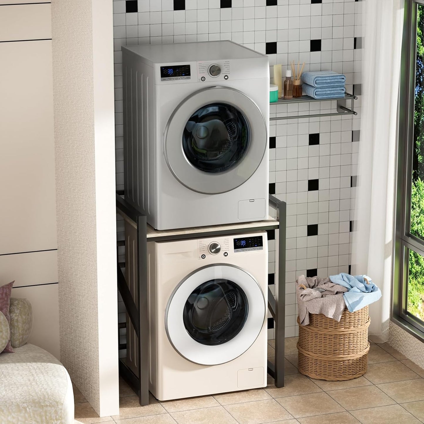 Height Adjustable Over the Washer and Dryer Storage Shelf, Washing Machine Storage Utility Rack with Countertop, Freestanding, Strong Load-bearing, Space-Saving for Laundry Room Apartment Bathroom Bl
