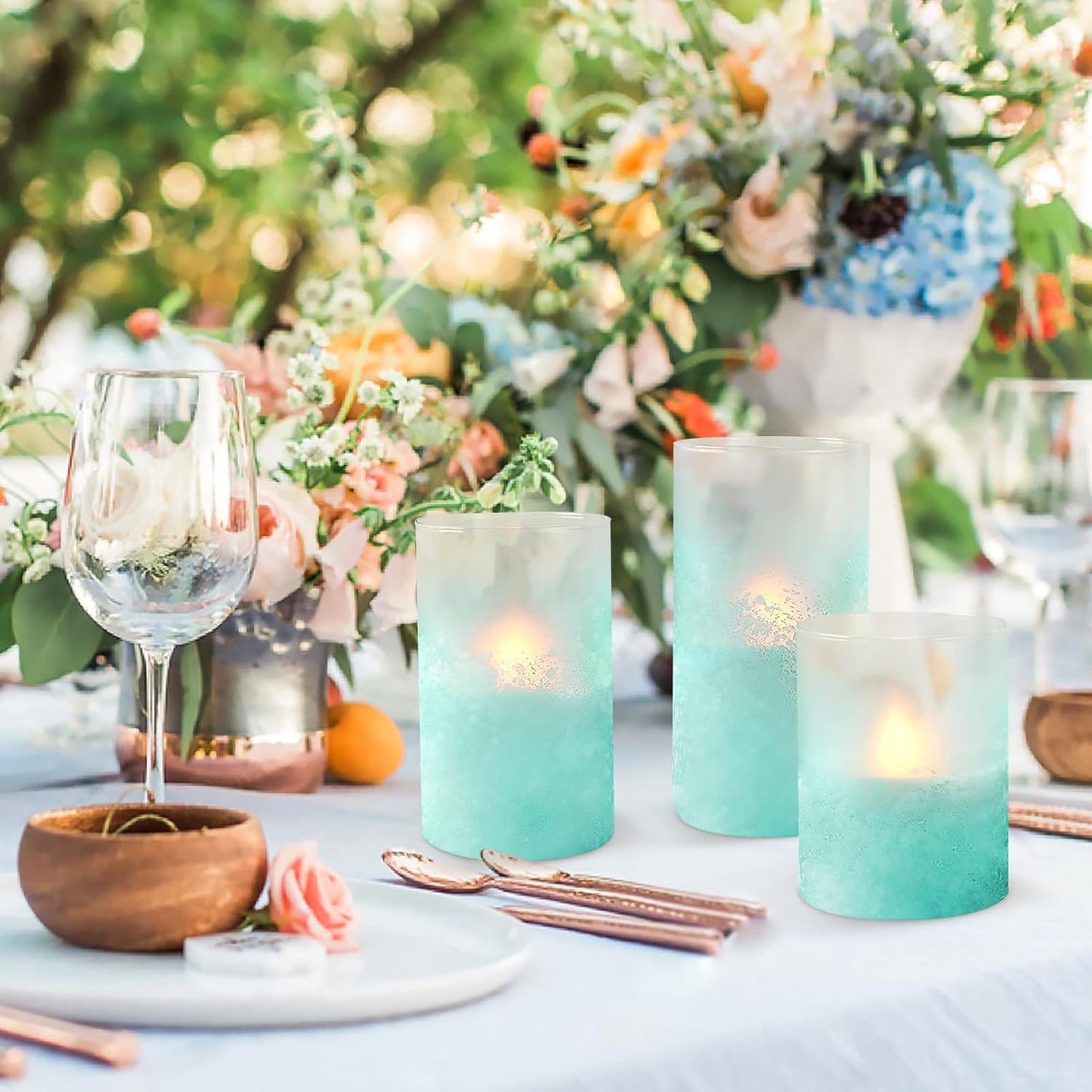Glass Flameless Candles Flickering Battery Operated LED Pillar Candles Set of 3 with Timer and and 10-Key Remote Green Branch Floral Spring Summer Theme for Wedding Festival Home Decoration