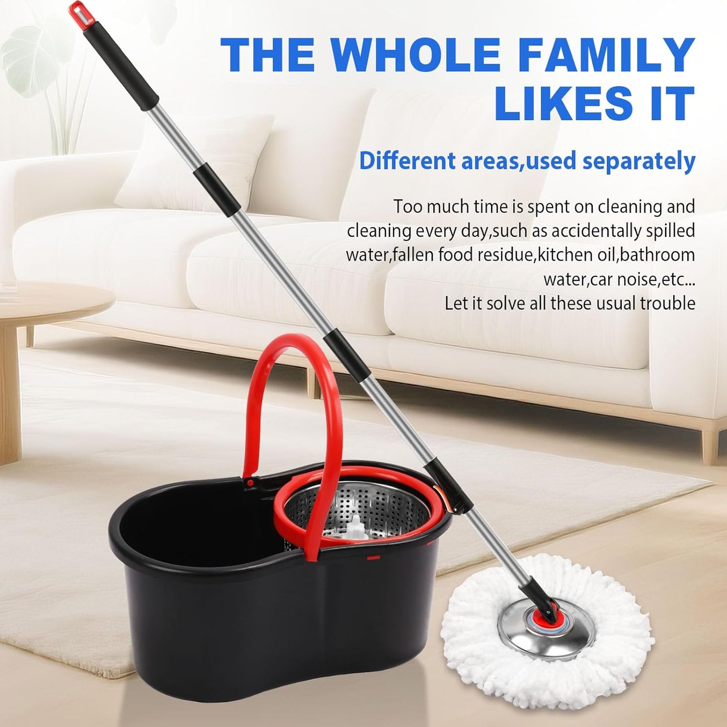 Spin Mop and Bucket with Wringer Set, 360° Spinning Mop Bucket System with 3 Microfiber Mop Replacement Heads Refills, Stainless Steel Extended Handle for Floor Cleaning Home Office