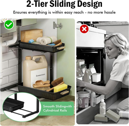 ARSTPEOE 2 Pack Double Sliding Under Sink Organizers and Storage,Two Tier Bathroom Storage and organization,Under Cabinet Organizer, Clear