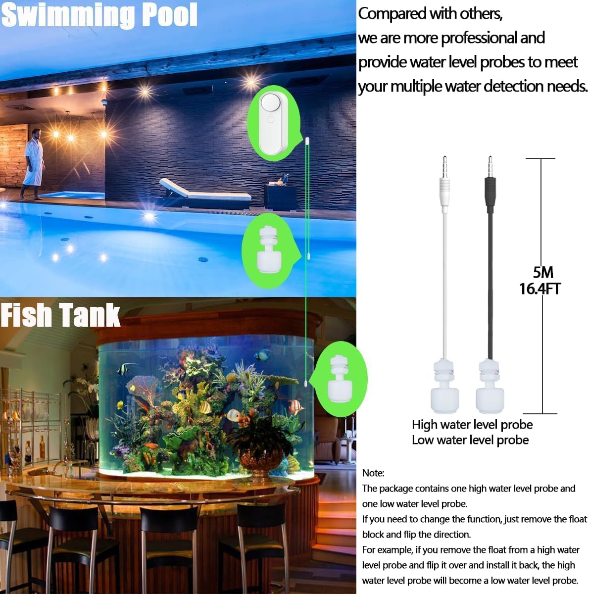 Water Level Leak Alarm with 16.4Ft 2 Sensors,120dB Strobe, Metal | 9V Battery-Powered, Dual Sensors Float Switch and Leak Probe, Adjustable Volume, For Sump Pump Dishwasher Under Sink Basement