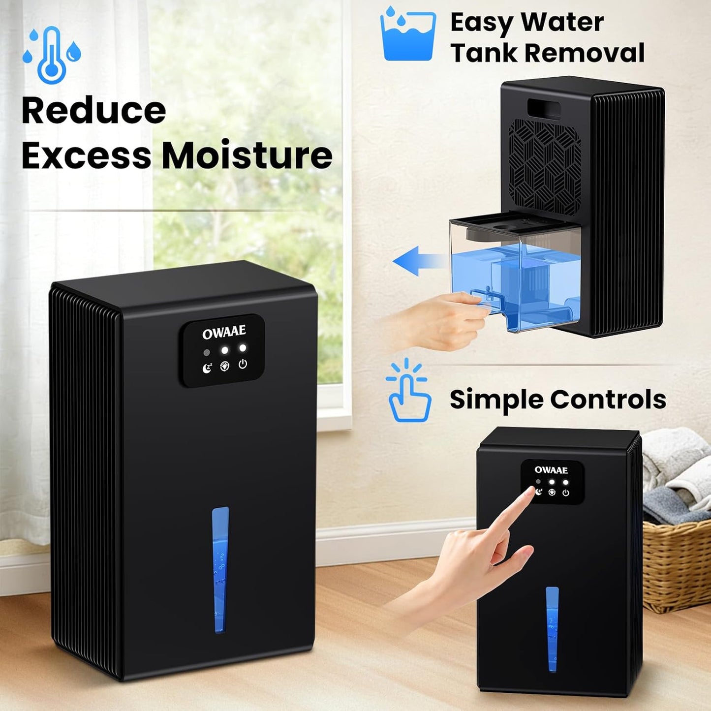 Dehumidifier, 1000 sq.ft Quiet Dehumidifiers for Home Bedroom Basement Bathroom with 95oz Water Tank, Sleep Mode, Auto Shut-Off 7 Colors LED Light, Black