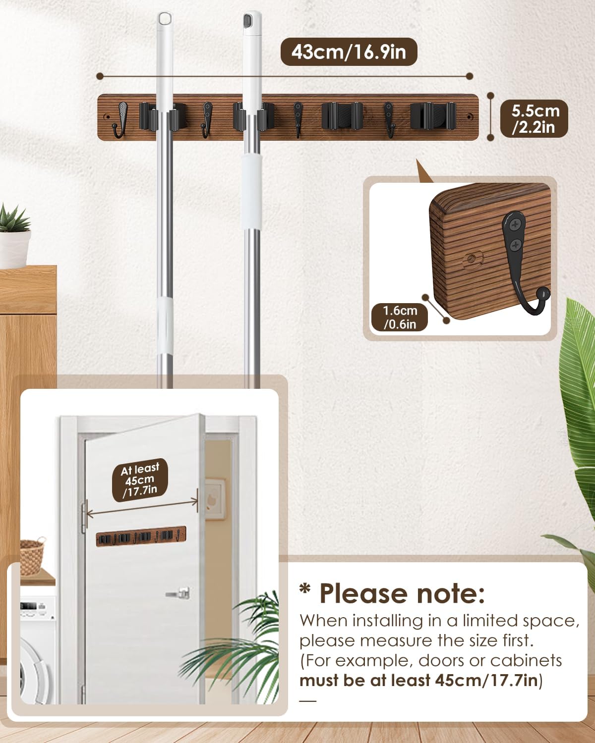 AceMining Broom Holder Wall Mounted, White 4 Holders and 4 Hooks Mop Holder, Wooden Mop and Broom Holder with Anti slip rubber, Natural pine wood Brush Holder, Mop Wall Holde with Nail installation