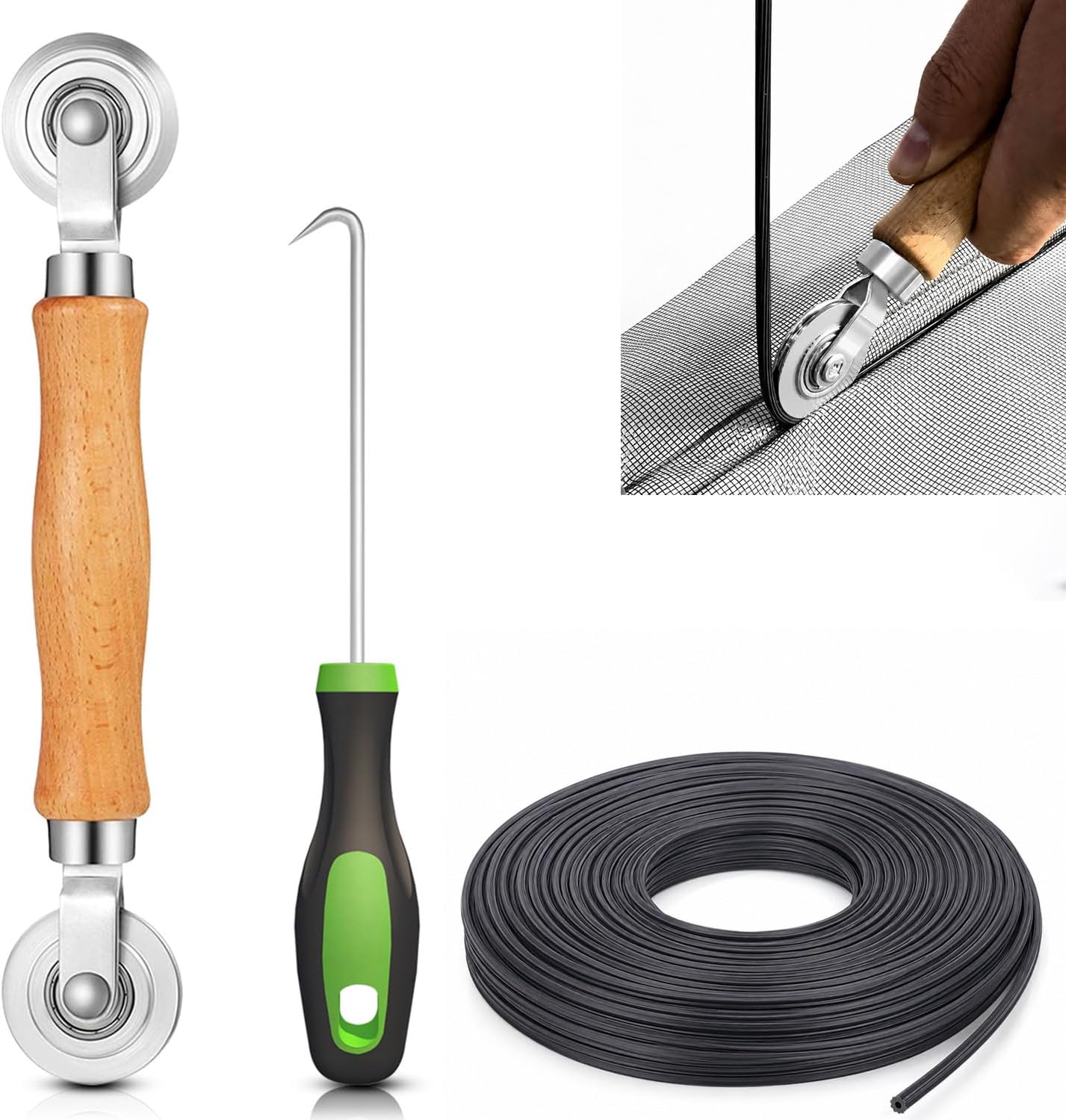 King&Charles 3 in 1 Screen Repair Kit, Bearing Steel Screen Roller Tool with 0.14 in x 32 ft Spline and Removal Hook for Window Screens, Screen Doors, Patio and RV Mesh Replacement