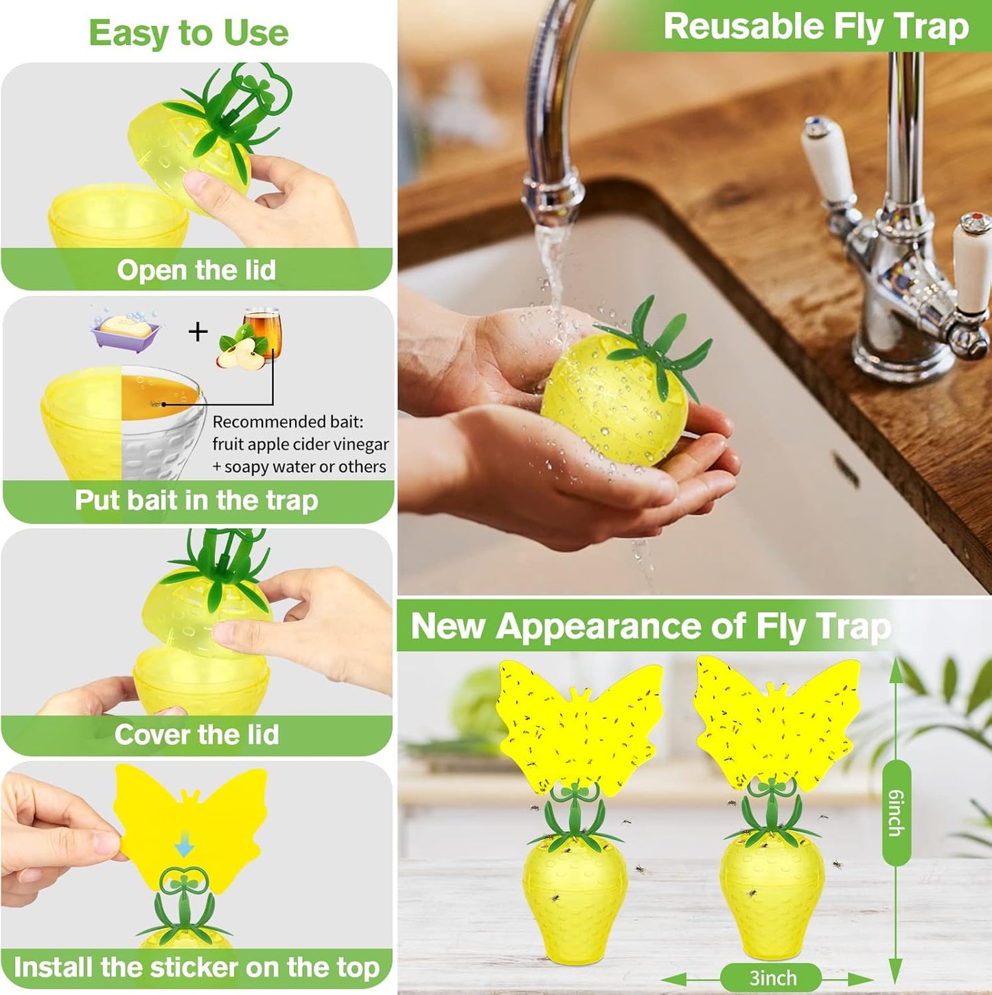 Fruit Fly Traps for Indoors, Gnat Killer Pet&People Safe, Effective Fruit Flies Catcher for Mosquitoes, Gnats, Moths, Durable Flying Insect Trap with Sticky for Home Plants Kitchen Garden