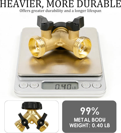 Hourleey Brass Garden Hose Splitter 2 Way, 3/4 Inch Hose Connector Tap Splitter, Hose Y Splitter, Hose Spigot Adapter 2 Valves with Extra Rubber Washers
