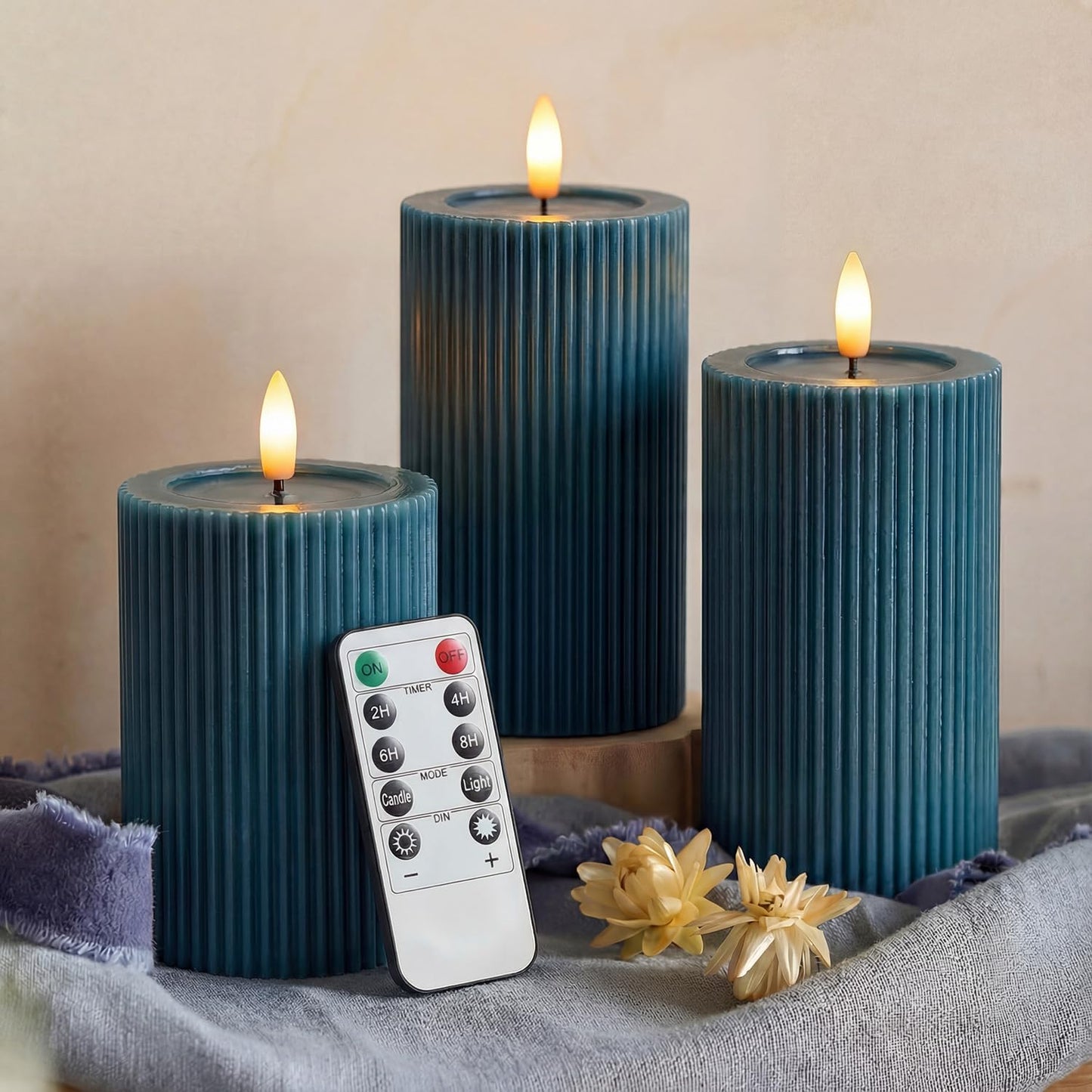 Fluted Ribbed LED Pillar Candles, Cream Beige, with Realistic Reflective Melted-Wax Effect – Flickering Flame, Remote, Dimmable, Flameless, Battery Operated, Home & Wedding Decor (Set of 3)