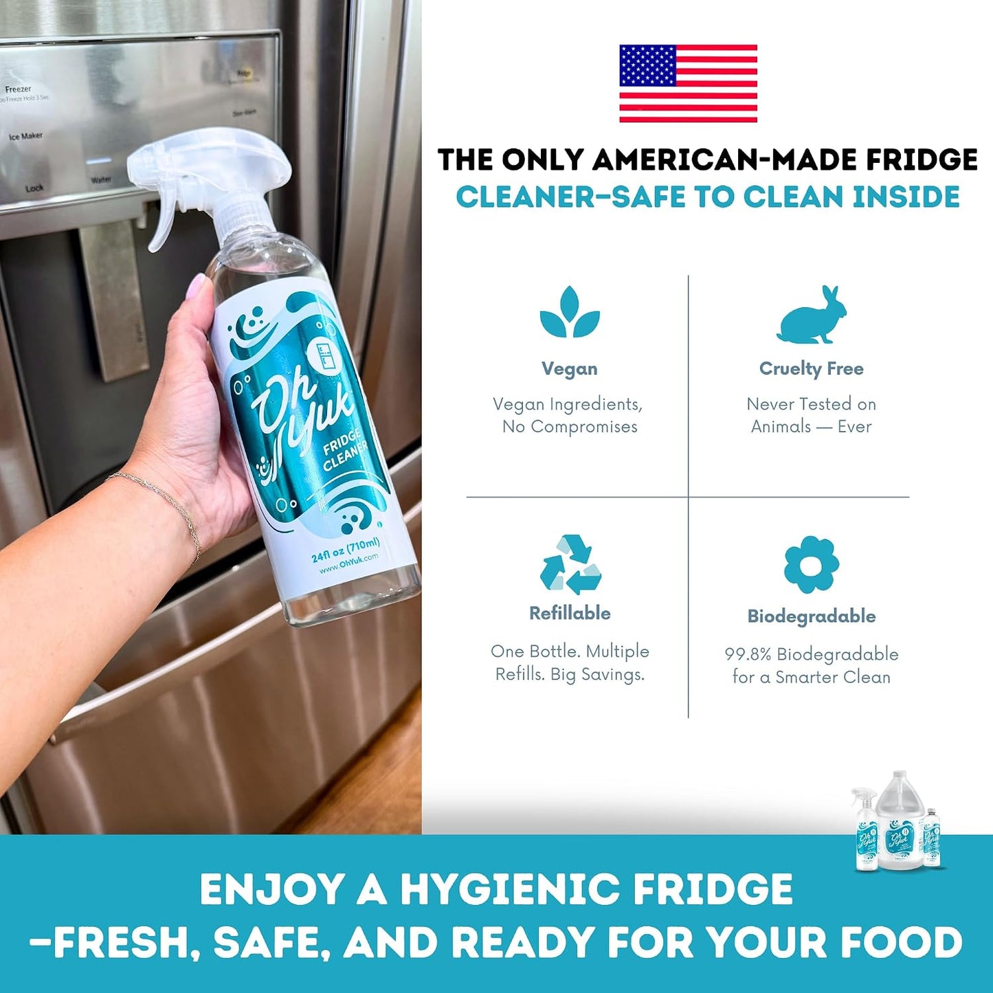 Oh Yuk Fridge Cleaner – Cleans Inside Refrigerator for Spotless, Food-Contact Safe Surfaces | Biodegradable, Vegan, Cruelty-Free | Effortlessly Lifts Sticky Messes & Dried-On Food | Spray Bottle
