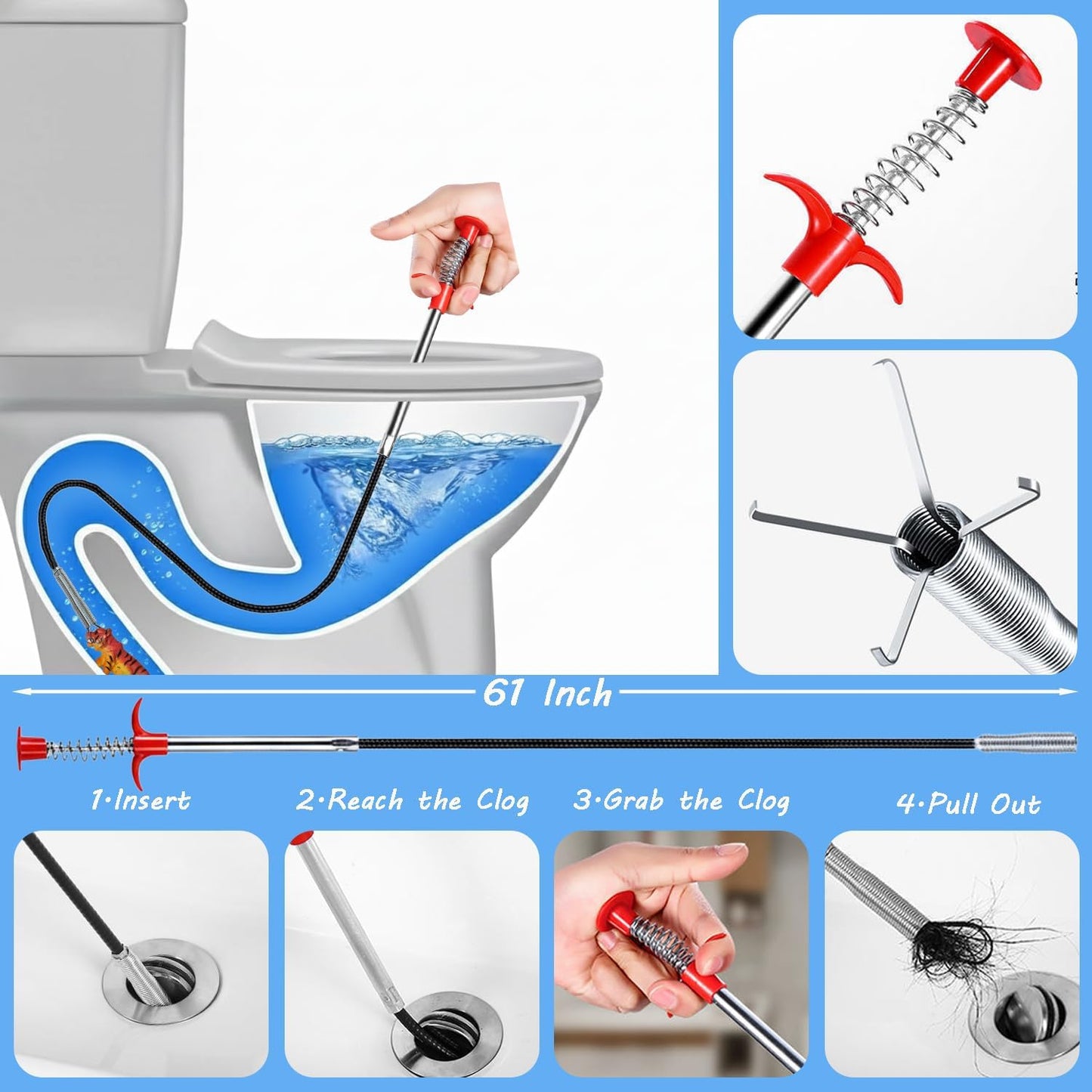 Drain Snake Hair Clog Remover, 61 Inch Flexible Plumbing Toilet Snake, Plastic Drain Hair Remover Tool for Shower, Bathtub, Kitchen, Wash Basin and Utility Sink Drain Cleaner