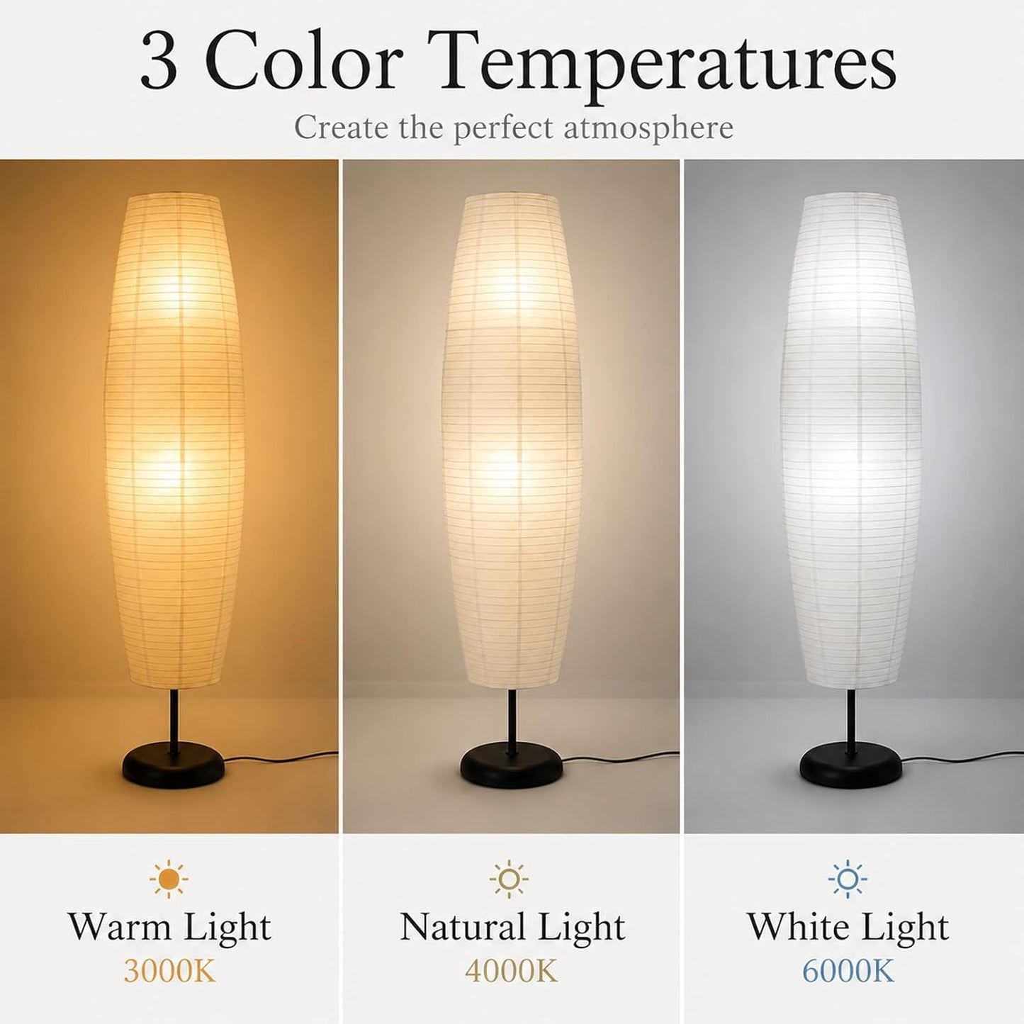 Rice Paper Floor Lamp with Foot Switches,White Paper Floor Lantern,Art Deco Ambient Lighting,Minimalist Tall Standing Lamp for Bedroom Living Room and Study Room