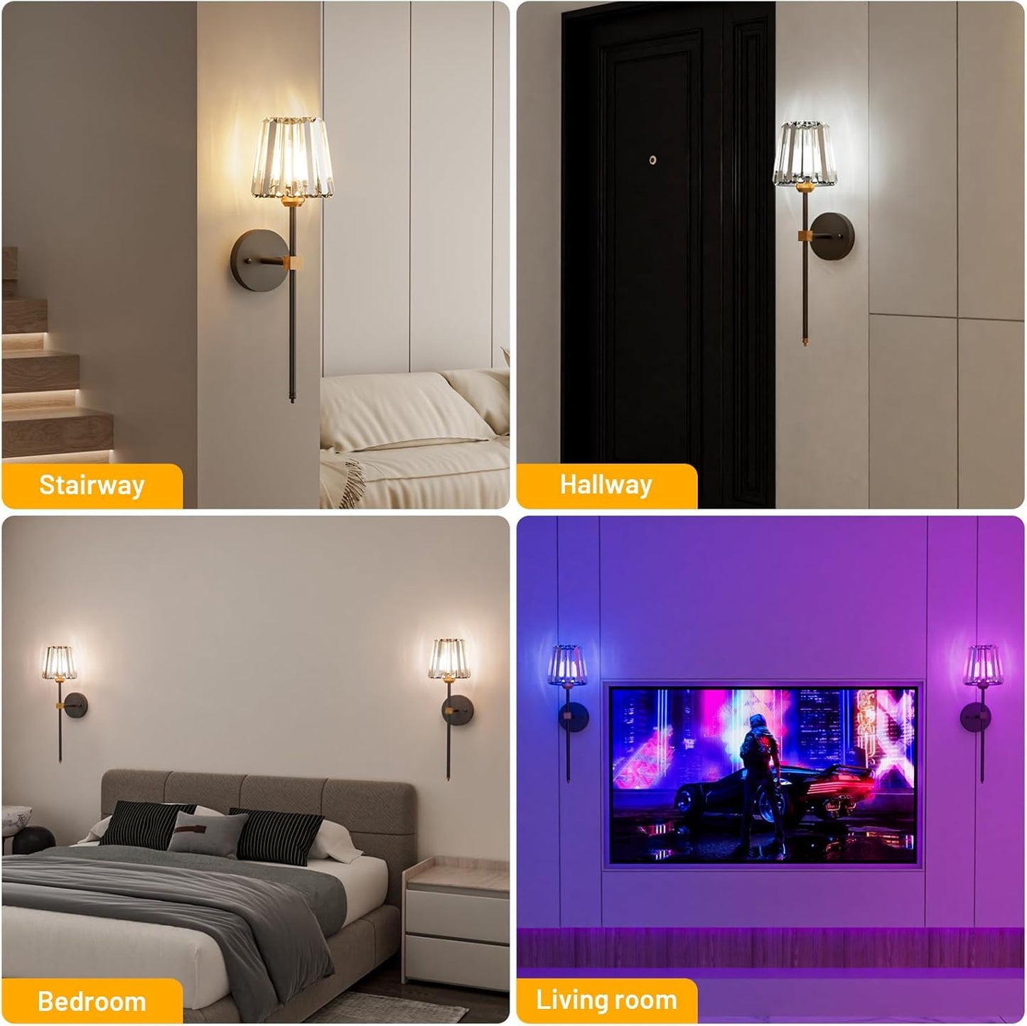 Crystal Battery Operated Wall Sconces Set of 2, Gold Rechargeable Wireless Wall Sconce Lights with Crystal Lampshade, 12 RGB and 3CCT Dimmable Wall Lamps with Remote for Bedroom Living Room Hallway