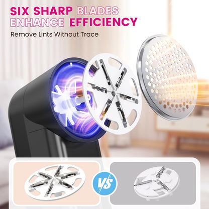 Fabric Shaver - Ziitty Lint Remover for Clothes, Sweater Defuzzer with LCD Display, 3-Speeds, 6-Blade, Type-C Rechargeable, Sweater Shaver to Remove Pilling Fuzz Lint Balls Pills for Clothes Furniture