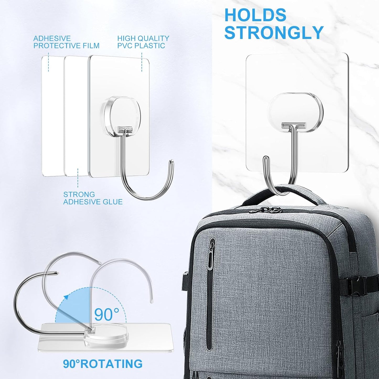 JINSHUNFA Adhesive Wall Hooks 13LB Heavy Duty No Drill Transparent Waterproof Hooks for Bathroom Kitchen Towel Coat 12 Pack