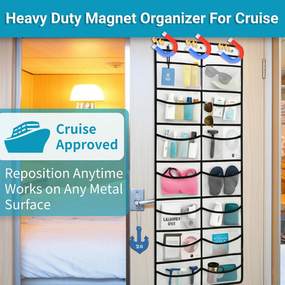 Magnetic Cruise Organizer, 14 Large Durable Pockets Over The Door Organizer For Cruise Ships, Magnetic & Hanging Cruise Organizer, Cruise Essentials 2026 （ 67" x 21.6"）