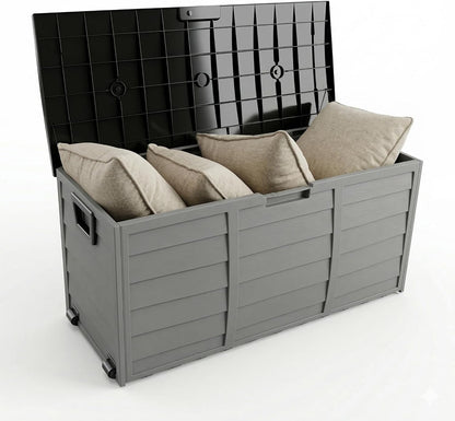 75 Gallon Outdoor Storage Box, 260L Waterproof Resin Deck Box for Patio Furniture Cushions, Garden Tools and Yard Accessories, Lockable Storage Chest with Wheels and Handles (Brown)