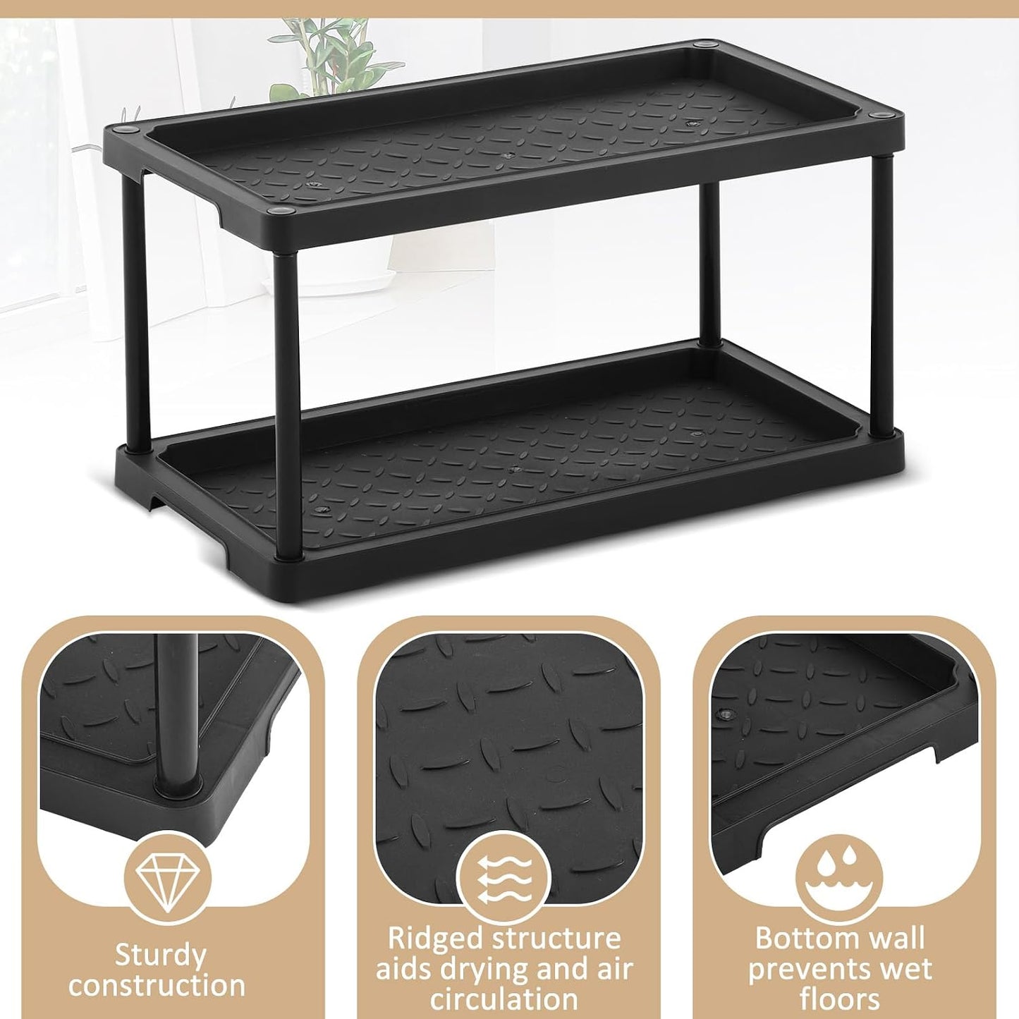 Cinnvoice Boot Tray Rack for Entryway Plastic Waterproof Shoe Mat Tray Large Storage Shelf for Indoor Outdoor Entryway Hallway Closet Use in All Seasons Black(28" d X 14.5" w X 29" h)