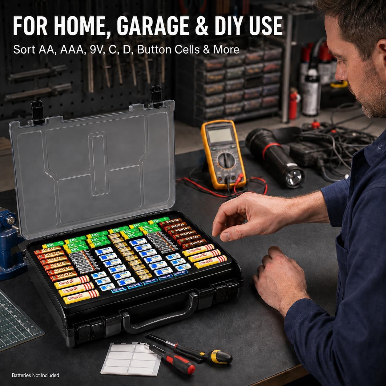 Battery Organizer Storage Case with Tester for 269 Batteries, Double Sides | Plastic, For AA AAA 4A C D Cell 9V 3V LR44 CR2 CR123 CR1632 18650 Button, Wall/Drawer, For Families/DIY/Home/Garage, Grey