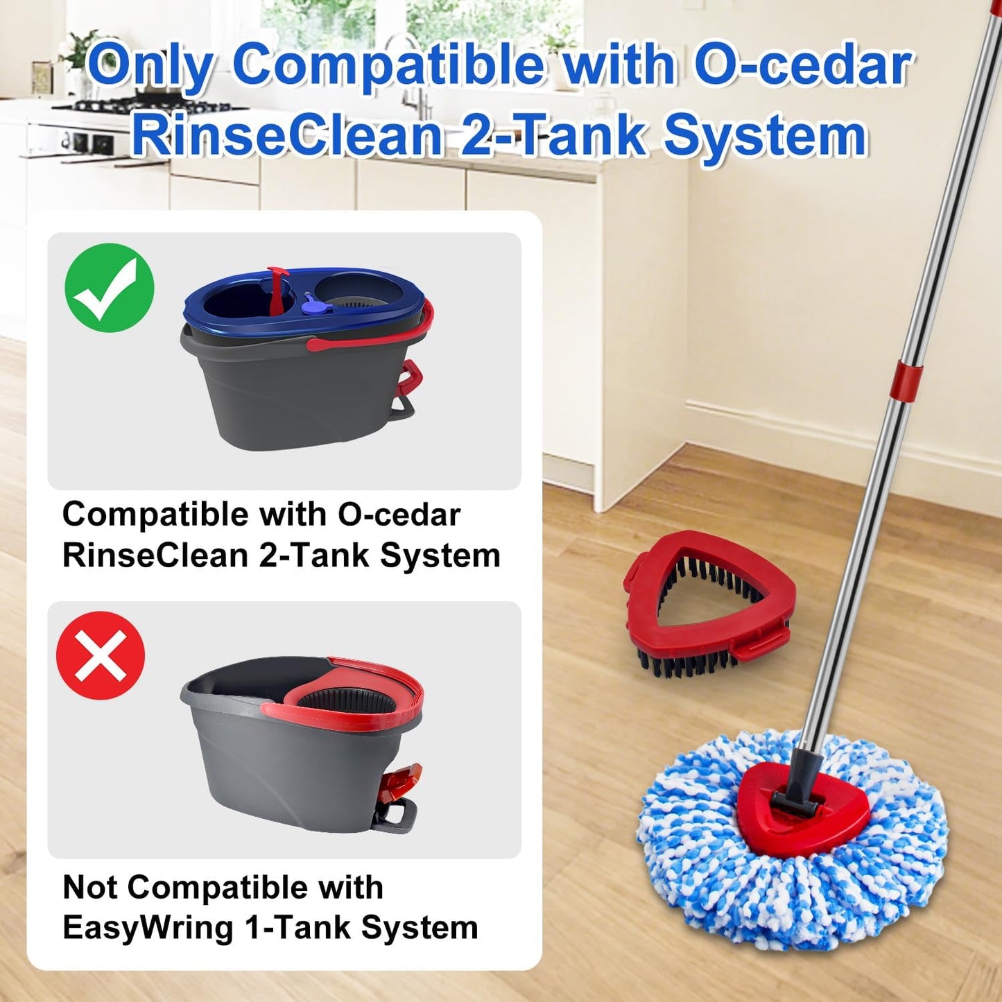 Mop Replace Heads Mop Handle and Base Replacement for O Cedar EasyWring 1-Tank Spin Mop System, 2 Microfiber Mops Refills, 4-Section Iron Mop Handle 30-58Inch and 1 Mopping Heads Cover Set (No Bucket)