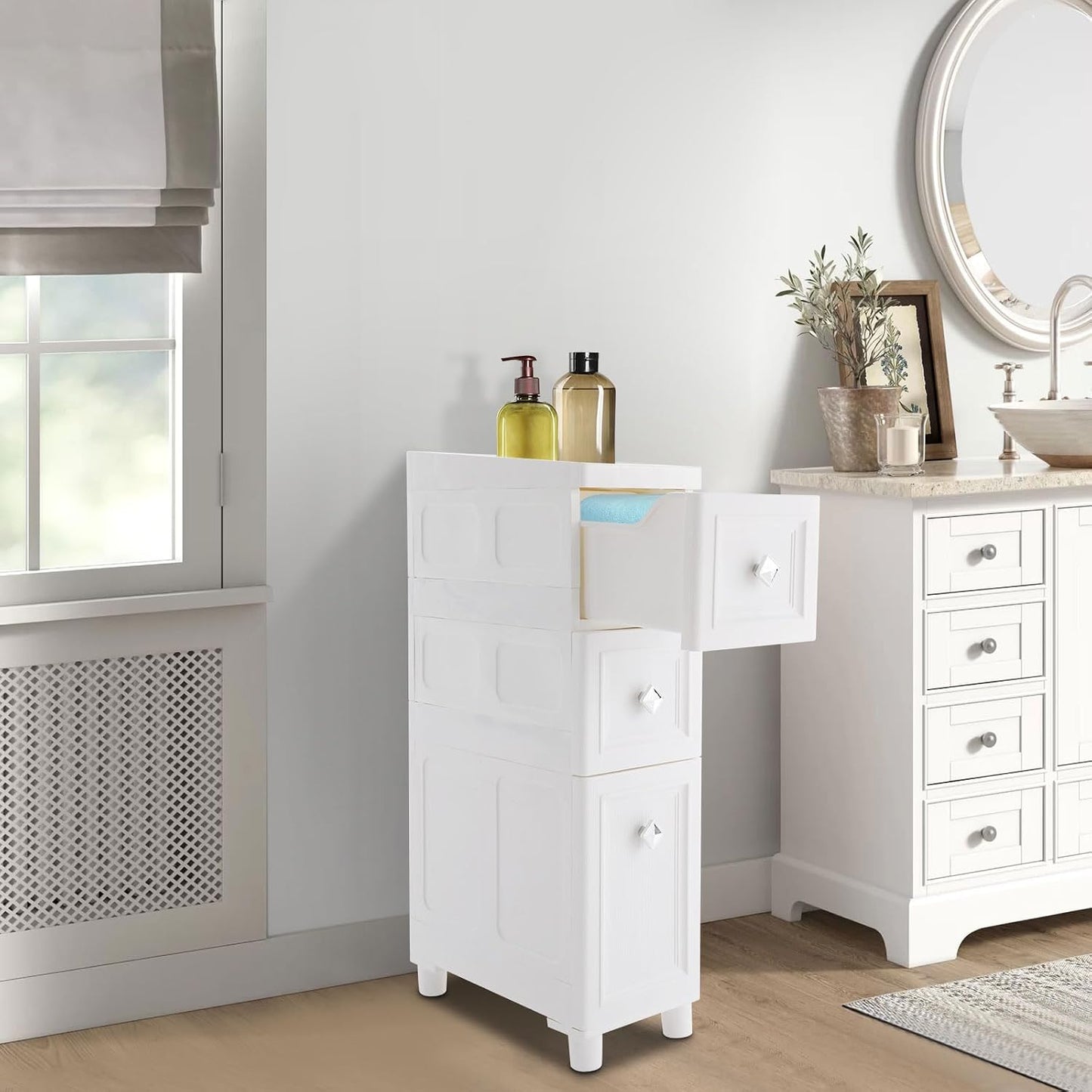 Slim Bathroom Storage Cabinet Freestanding Narrow Plastic Rolling Cart Bathroom Organizer with Drawers for Small Space Office, White (4-Tier)