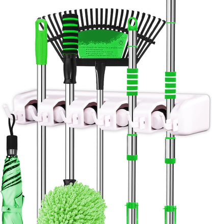 LETMY Broom Holder Wall Mounted - Mop and Broom Hanger Holder - Garage Storage Rack & Garden Tool Organizer - 5 Position 6 Hooks for Home, kitchen, Garden, Tools, Garage