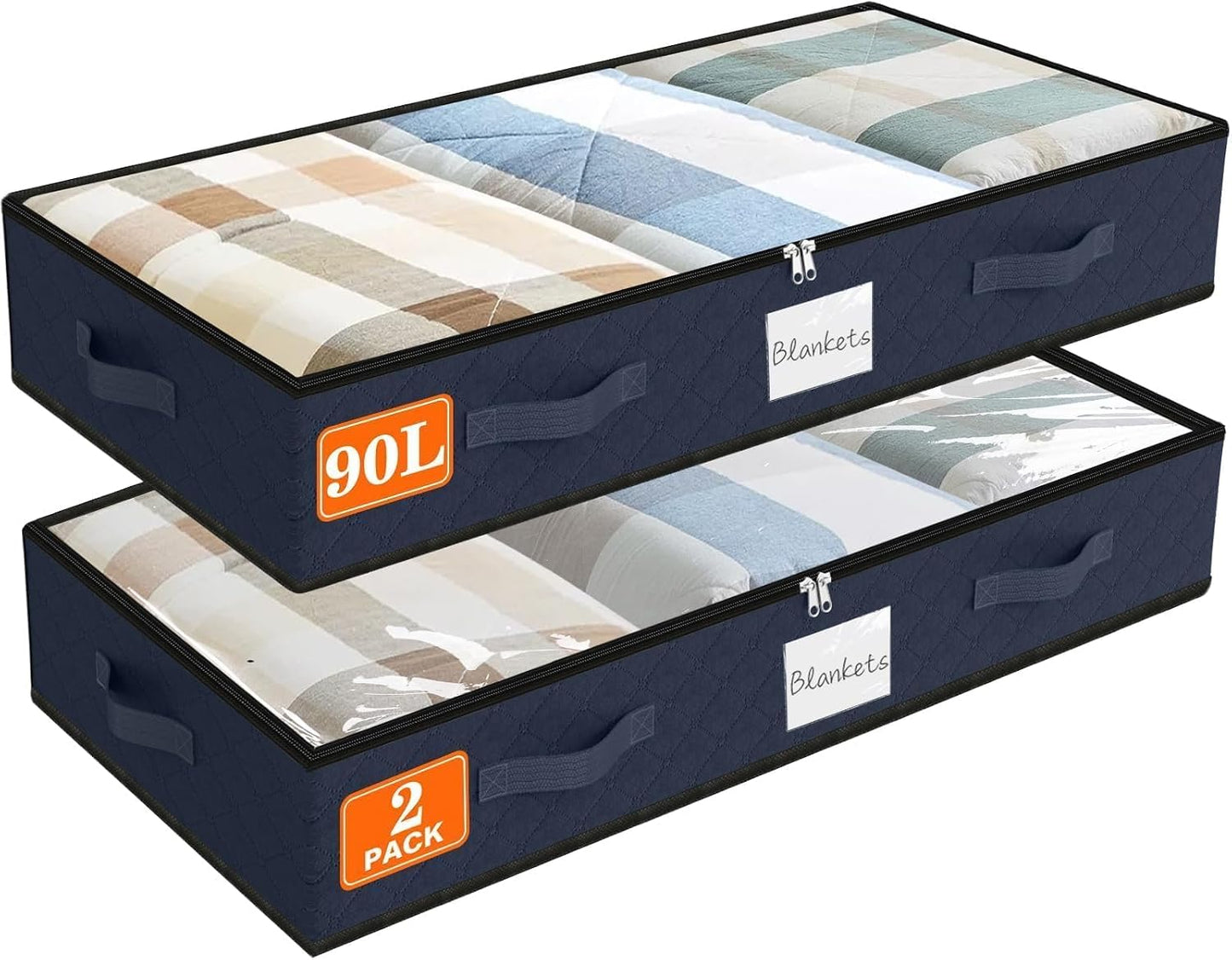 SpaceWhisper 90L Under Bed Storage Containers, 4-Pack Storage Bins with Clear Top, Foldable Closet Organizers and Storage with Label Holder for Clothing, Blankets, Comforter & Pillows (Grey)
