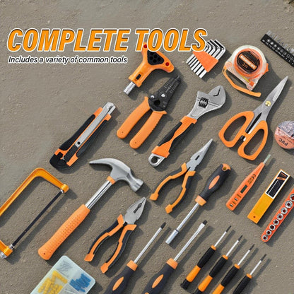 Professional 158-Piece Home Tool Kit, Orange and Black, Complete Household Repair Set with Carrying Case, Includes Screwdrivers, Hammer, Wrench Set, Wire Cutters, Measuring Tape