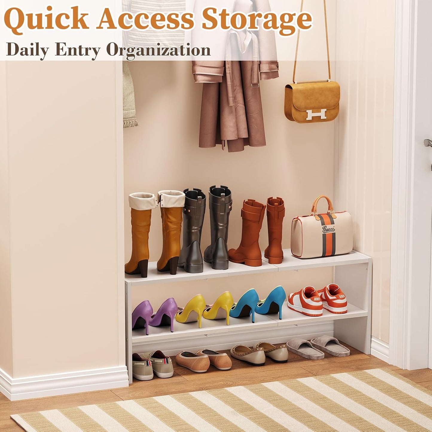 X-cosrack 2 Pack 2-Tier Shoe Rack Organizer for Closet, Expandable and Adjustable White Shoe Rack, Stackable Iron Wood Combination Shoe Storage Shelves for Closets, Entryway, Small Space, Garage
